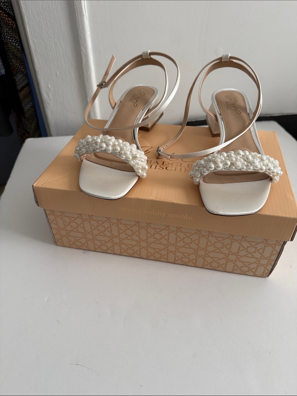 Jewel Badgley Mischka White Pearl Ankle-Strap Sandal
